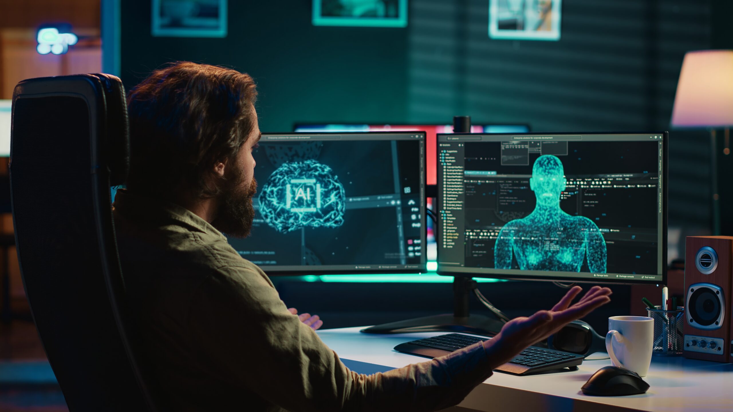 engineer spamming keyboard keys after rogue sentient ai blocking access to pc